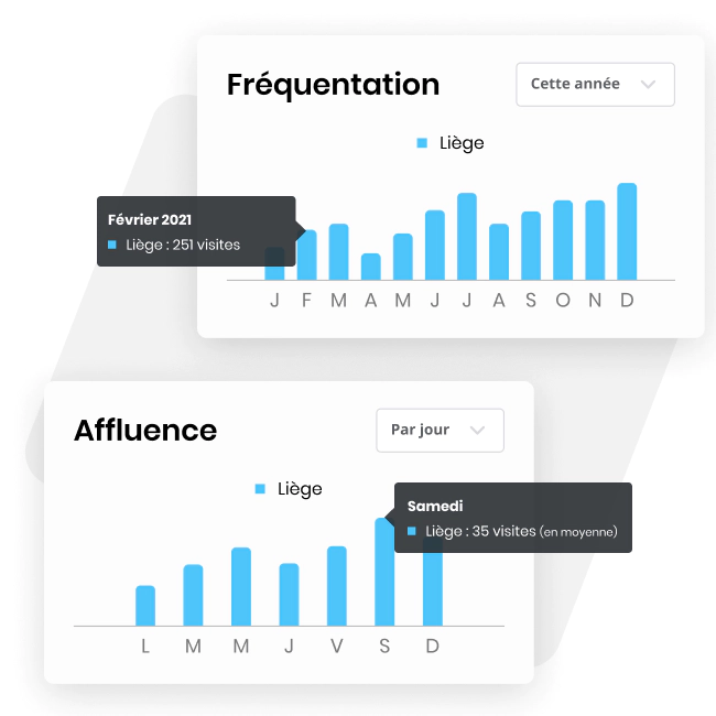 Graphiques de la fréquentation par mois et de l'affluence par jour d'un commerce.