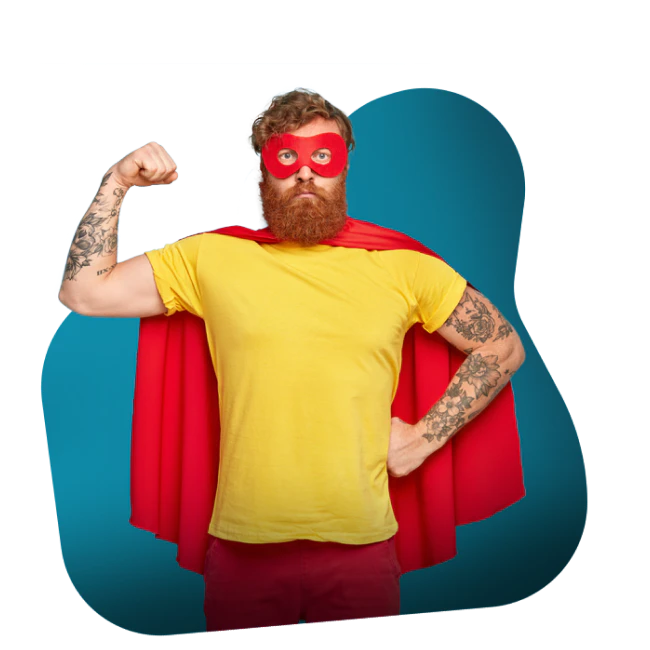 Homme habillé en super héro qui montre son biceps